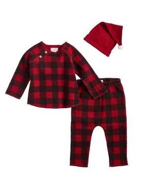 Mud Pie Christmas Red & Black Buffalo Plaid Baby Two-Piece Outfit with Santa Hat